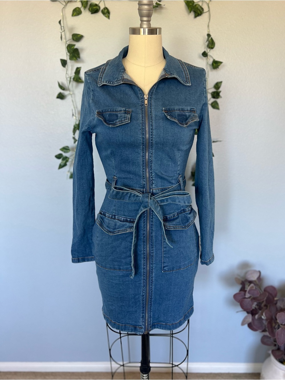 Parisian Denim Zip-Up Utility Mini Dress with Belt - Size 6